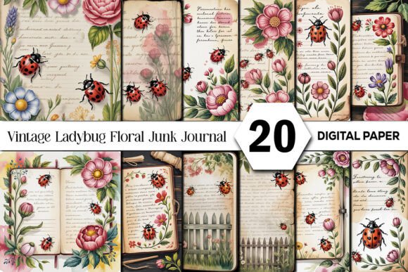 Charming Vintage Ladybug Floral Junk Journal Designs