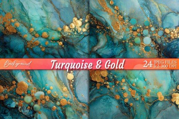 Turquoise and Gold Marble Ink: Luxury Digital Backgrounds